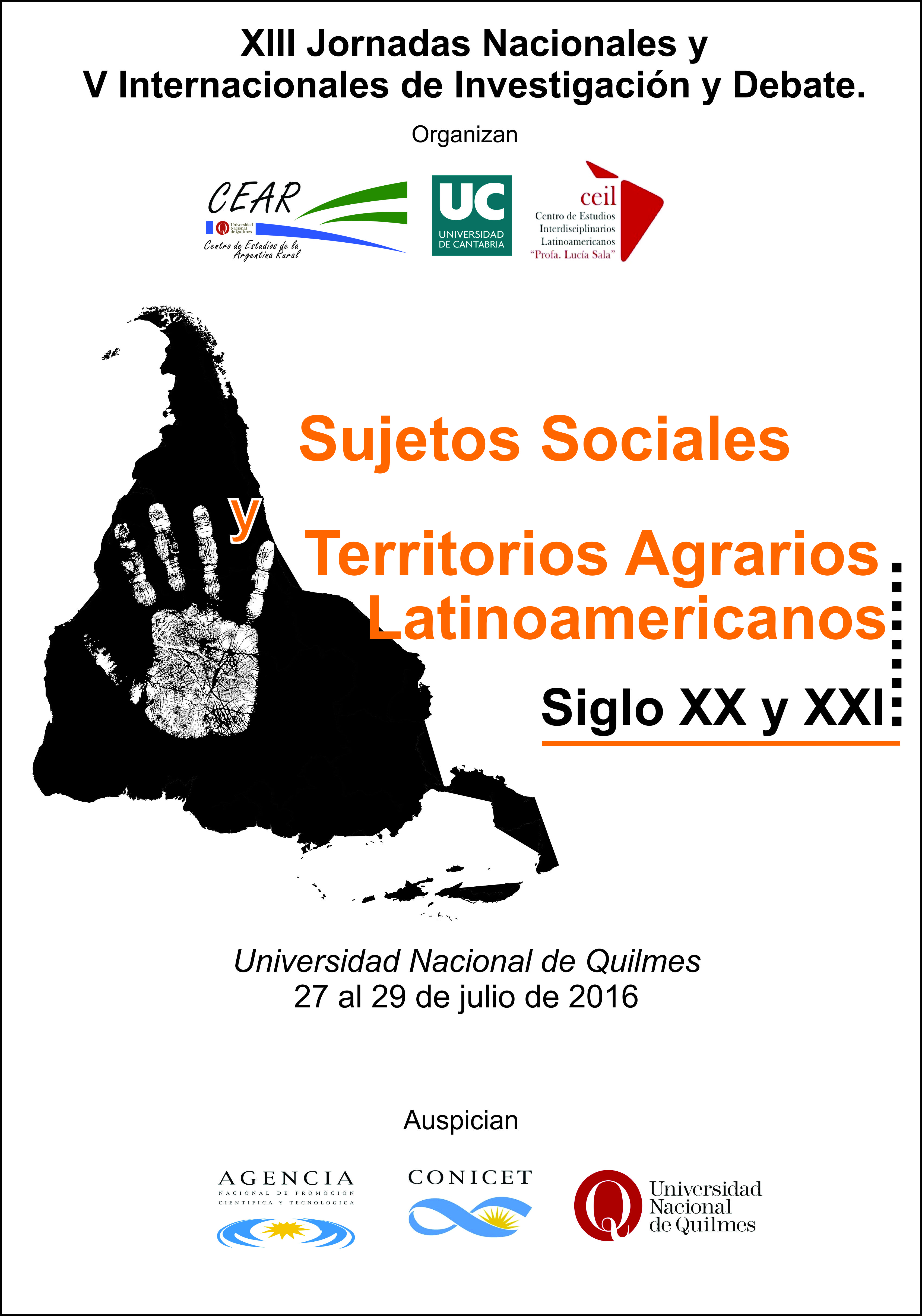 XIII Jornadas Nacionales y V Internacionales de Investigación y Debate “Sujetos Sociales y Territorios Agrarios Latinoamericanos. Siglos XX y XXI”